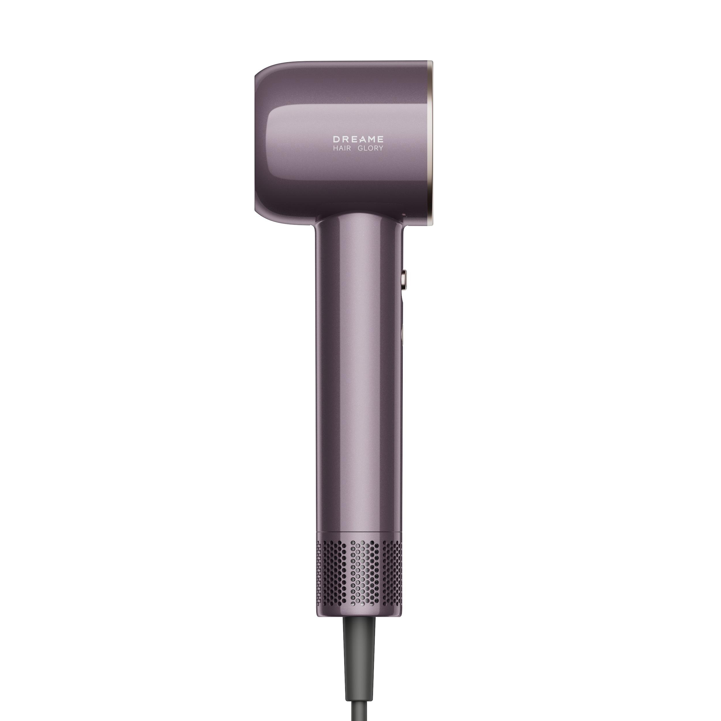Ein violetter Haartrockner mit der Aufschrift "DREAM HAIR GLORY" auf weißem Hintergrund.