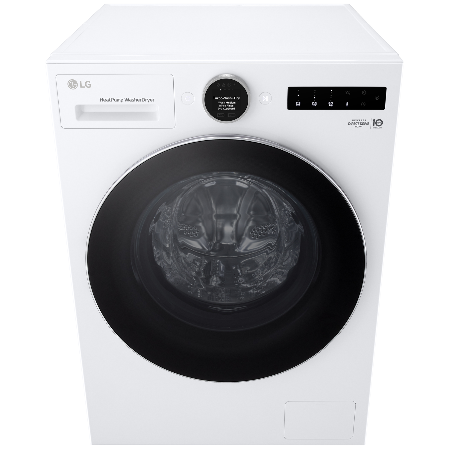 A white LG washer-dryer combo with a black door and digital display.