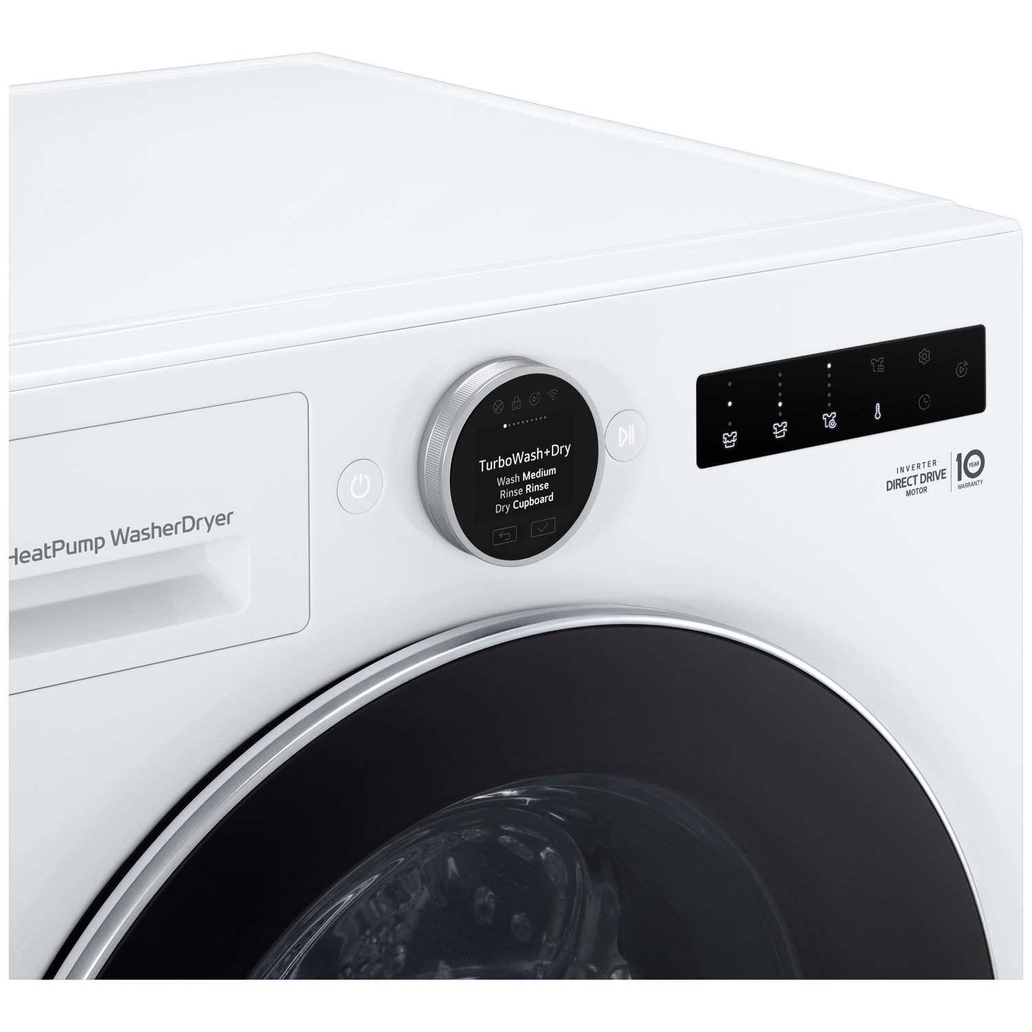 White heat pump washer dryer front with digital display and control knob.