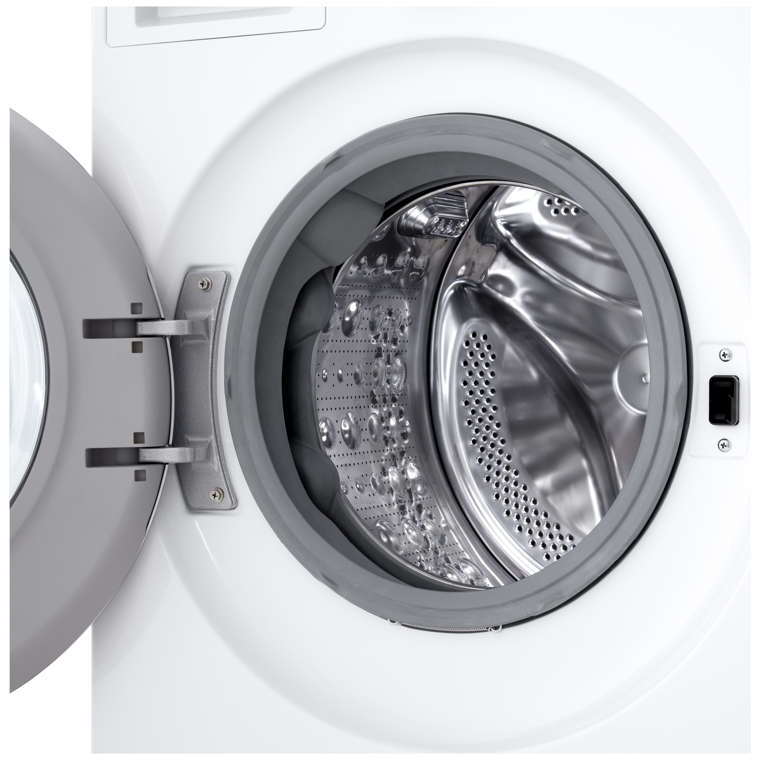 White washing machine with an open door and silver drum.