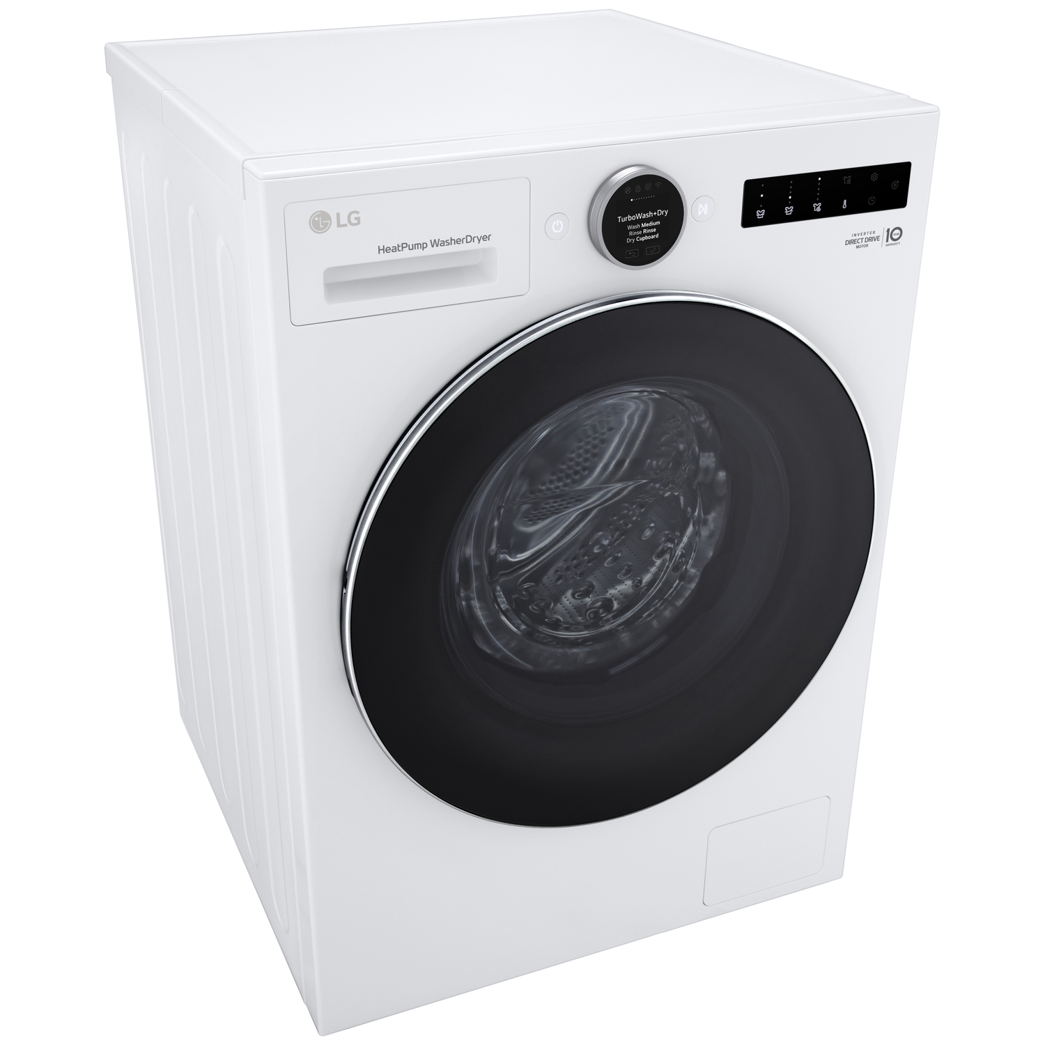 A white LG heat pump washer dryer with a black door and digital display.