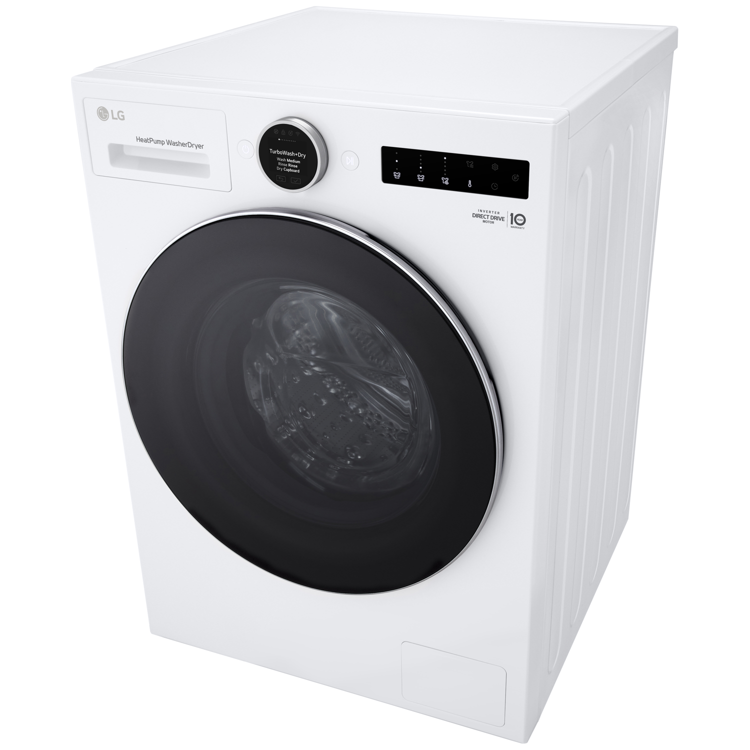 A white LG washer dryer with a heat pump and a round black door.