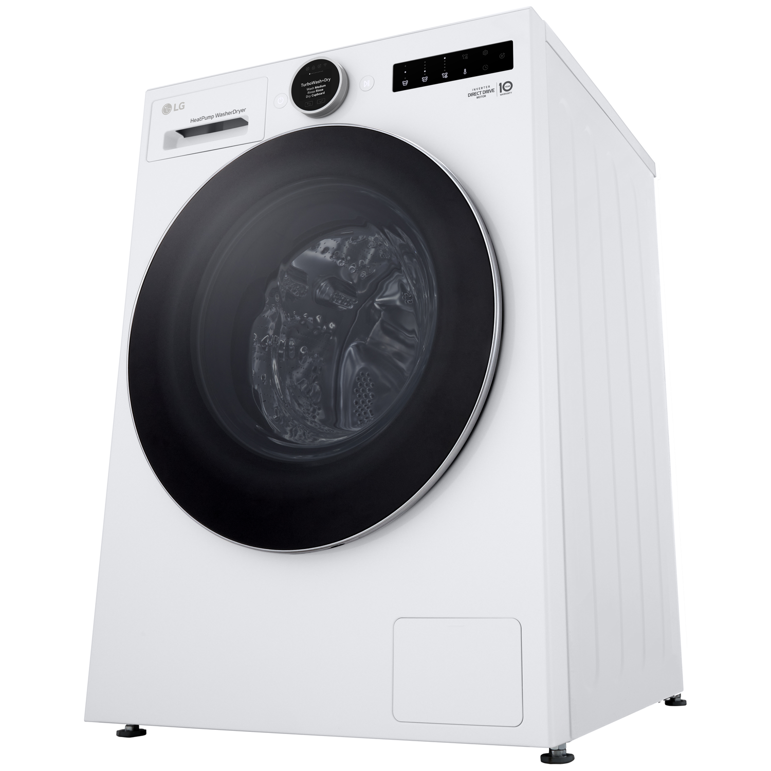 White LG washer-dryer with a black door and digital display.