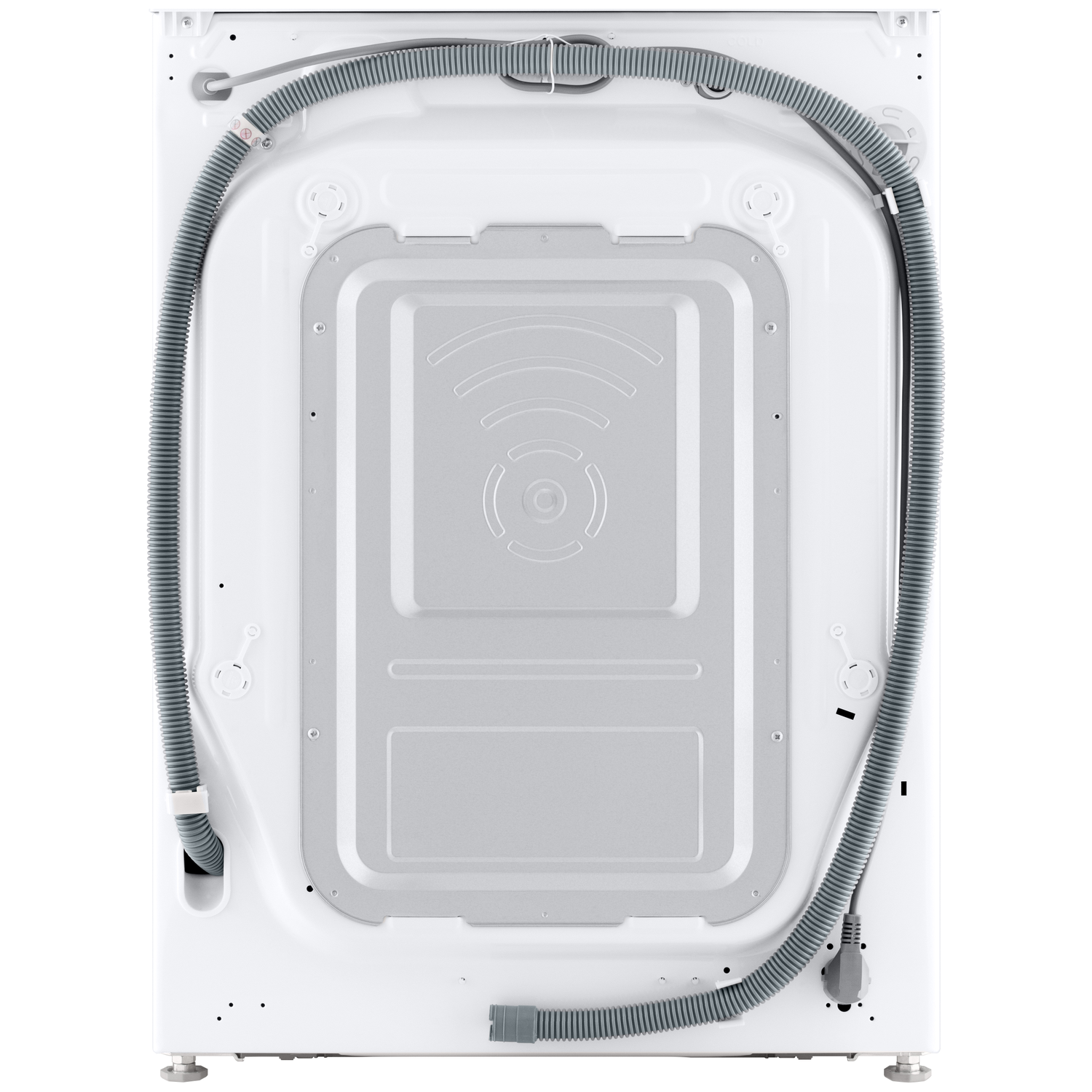 Rear view of a white washing machine with hoses and cables.