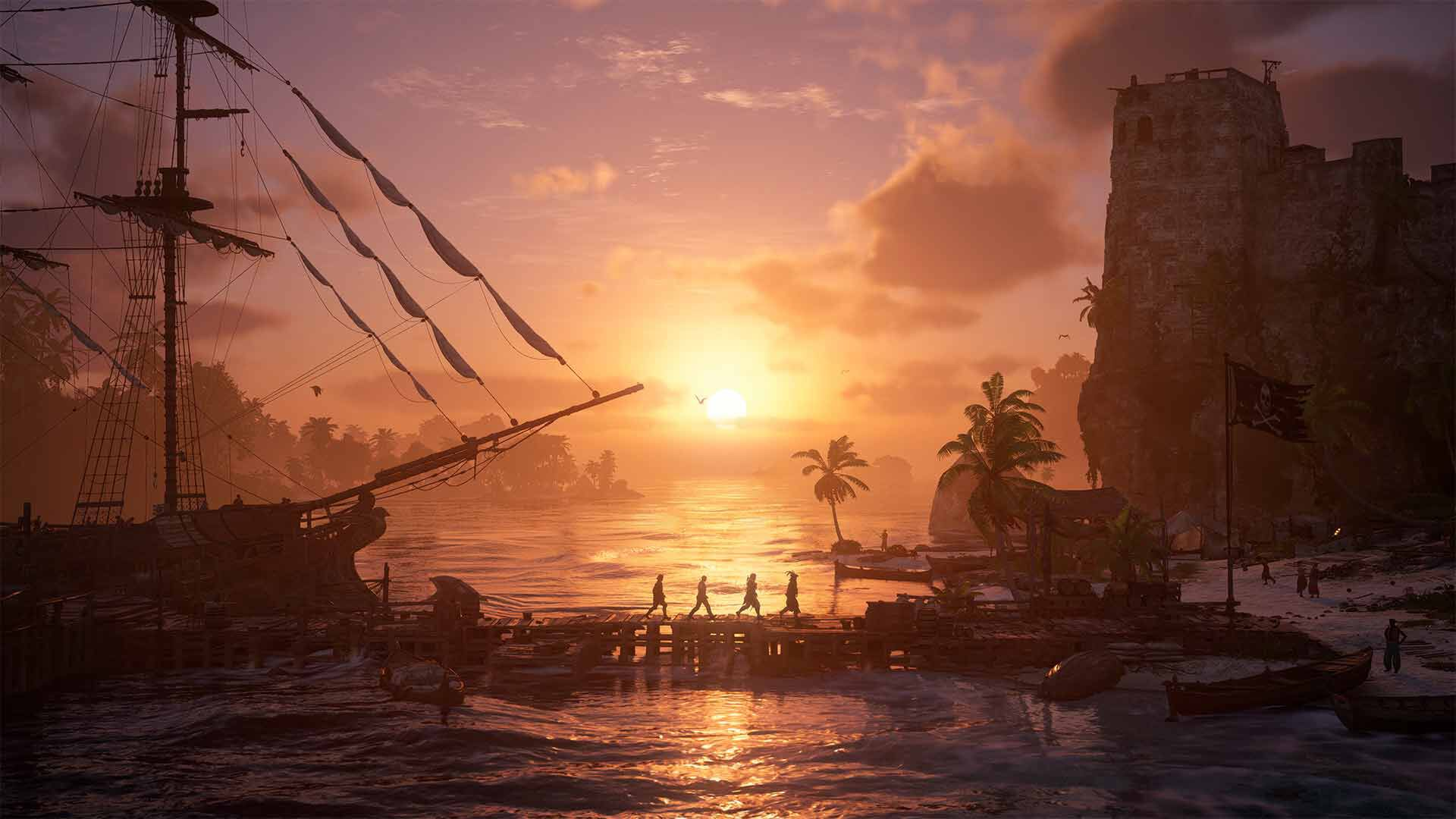 Voilier à quai au coucher du soleil, silhouettes sur la jetée, forteresse en arrière-plan.