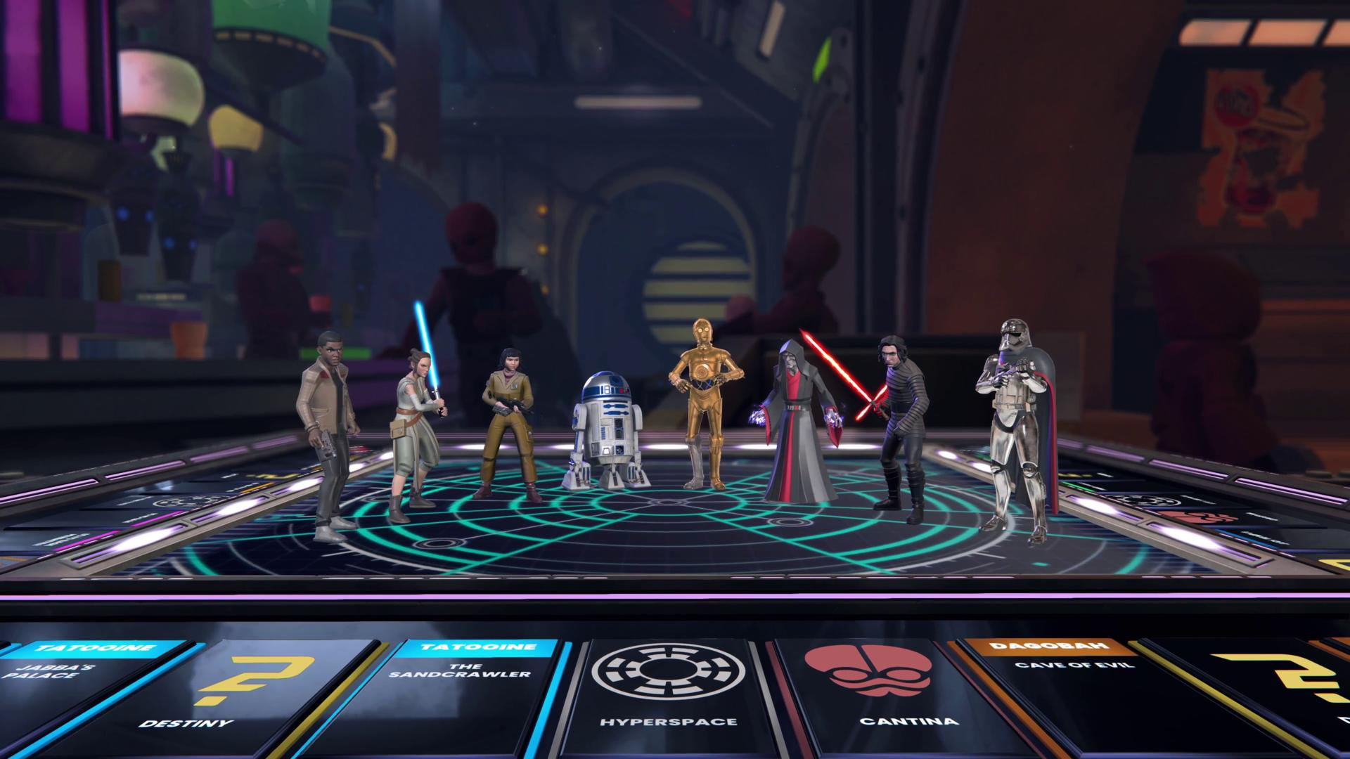 Personnages Star Wars sur un plateau de jeu avec des lumières colorées.