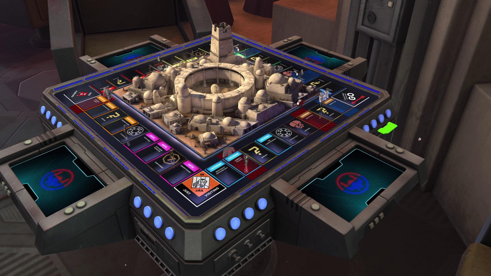 Jeu de société Monopoly Star Wars sur le thème de Tatooine avec des bâtiments au centre.