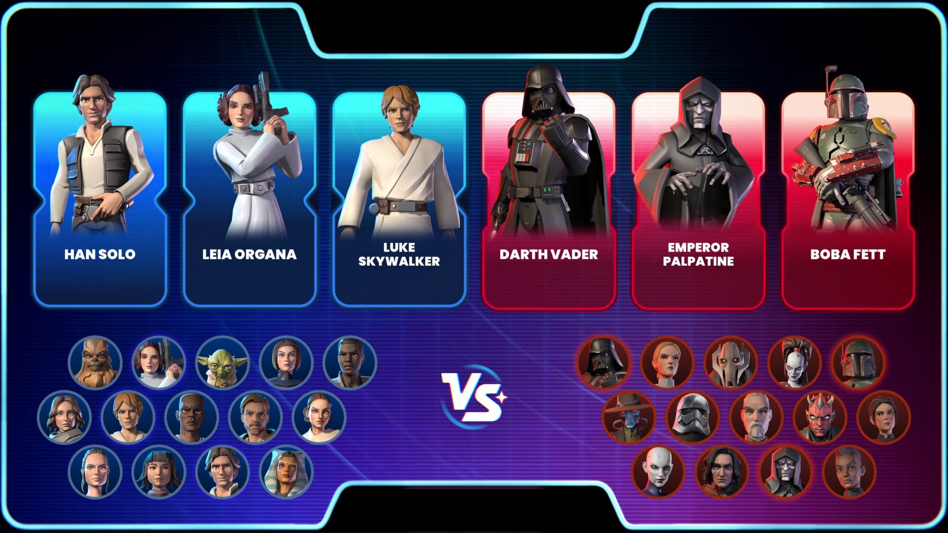Personnages Star Wars affichés en rangées : Han Solo, Leia, Luke, Vader, Palpatine, Fett.