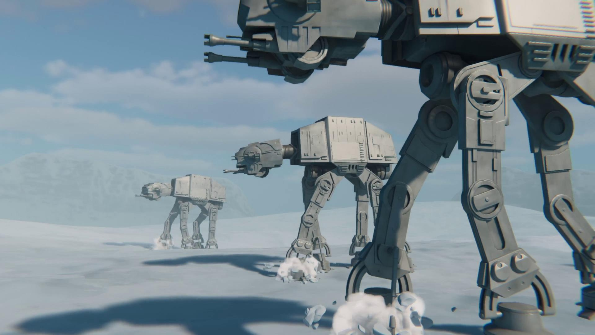 Plusieurs marcheurs AT-AT gris traversent une plaine enneigée sous un ciel bleu et nuageux.
