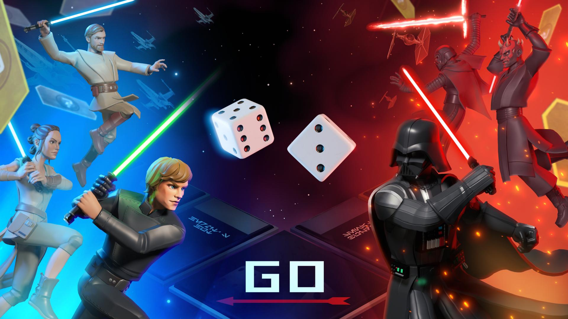 Personnages Star Wars avec sabres laser, dés et éléments de jeu "GO".