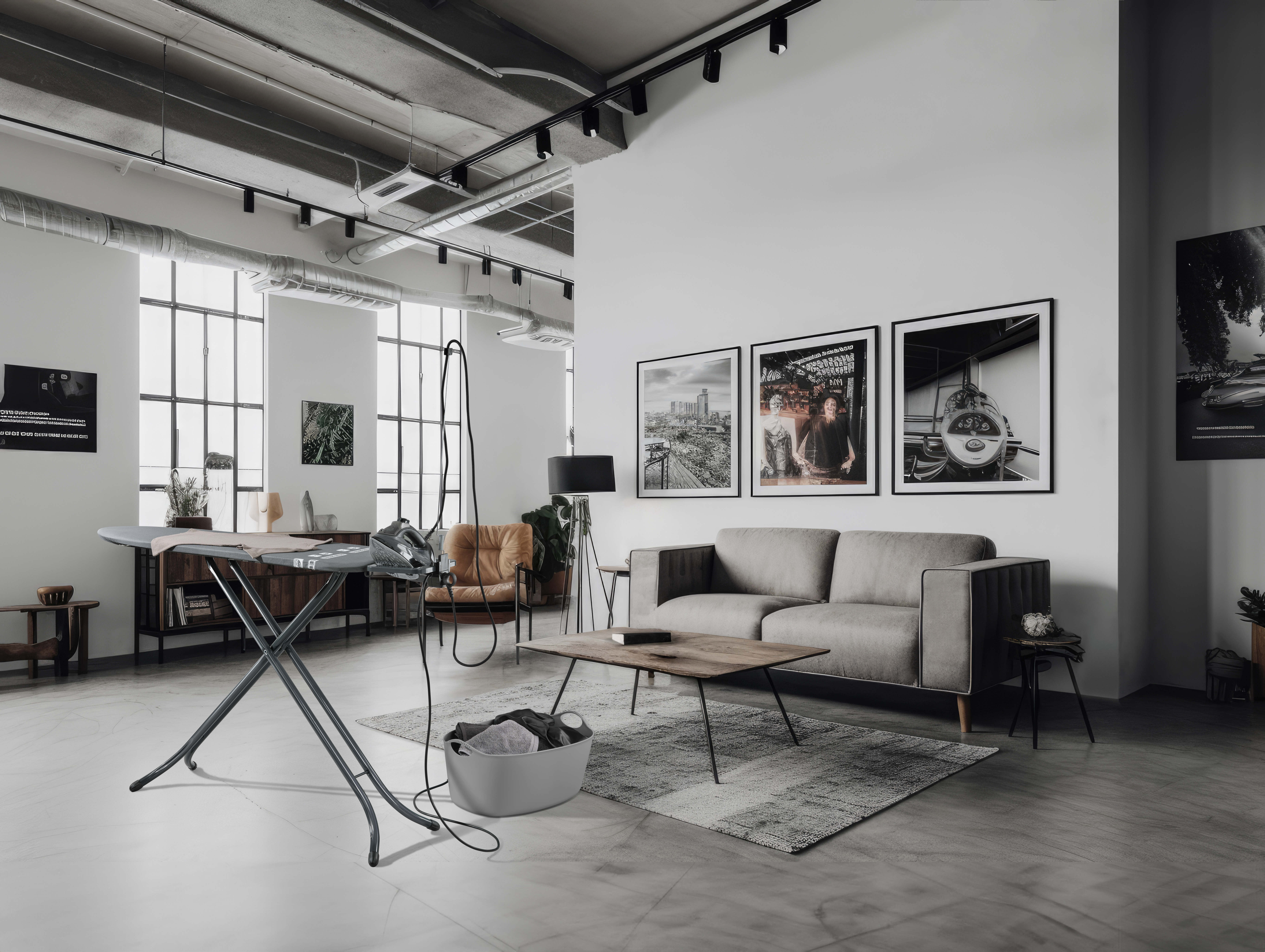 Ein helles Wohnzimmer mit Bürostuhl, Bügelbrett, Sofa und Bildern.