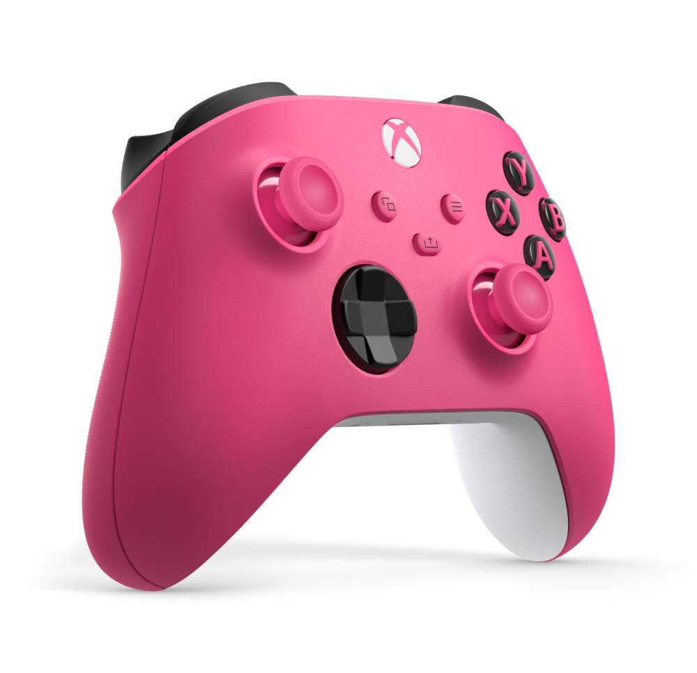 Un mando de Xbox rosa con detalles negros y agarres blancos.