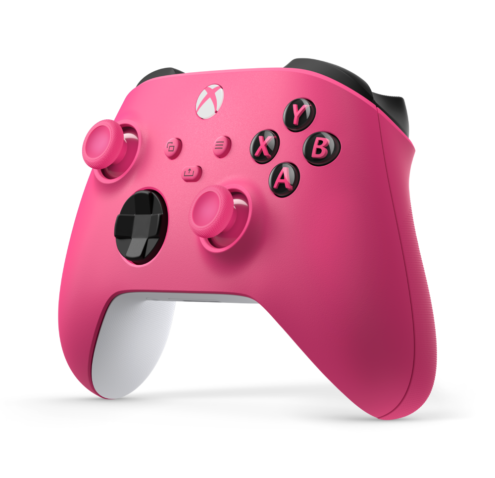 Mando Xbox Microsoft Deep Pink en vista angular, diseño ergonómico con joysticks, botones ABXY y conexión Bluetooth para Series X|S y PC