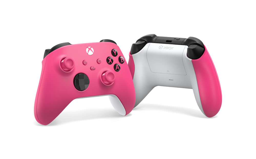 Mando Xbox Microsoft Deep Pink mostrando parte frontal y trasera con agarre texturizado y botones, compatible Series X|S, Xbox One y PC