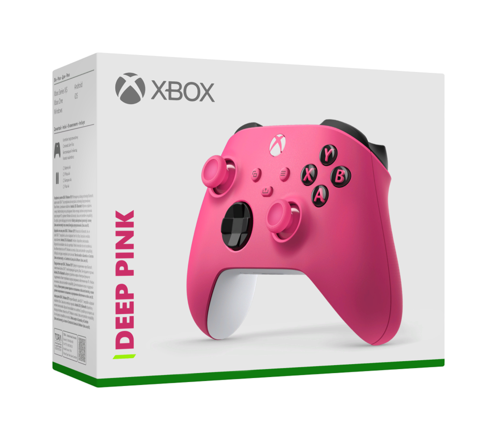 Un mando de Xbox rosa descansa sobre una caja blanca con logo de Xbox y texto.