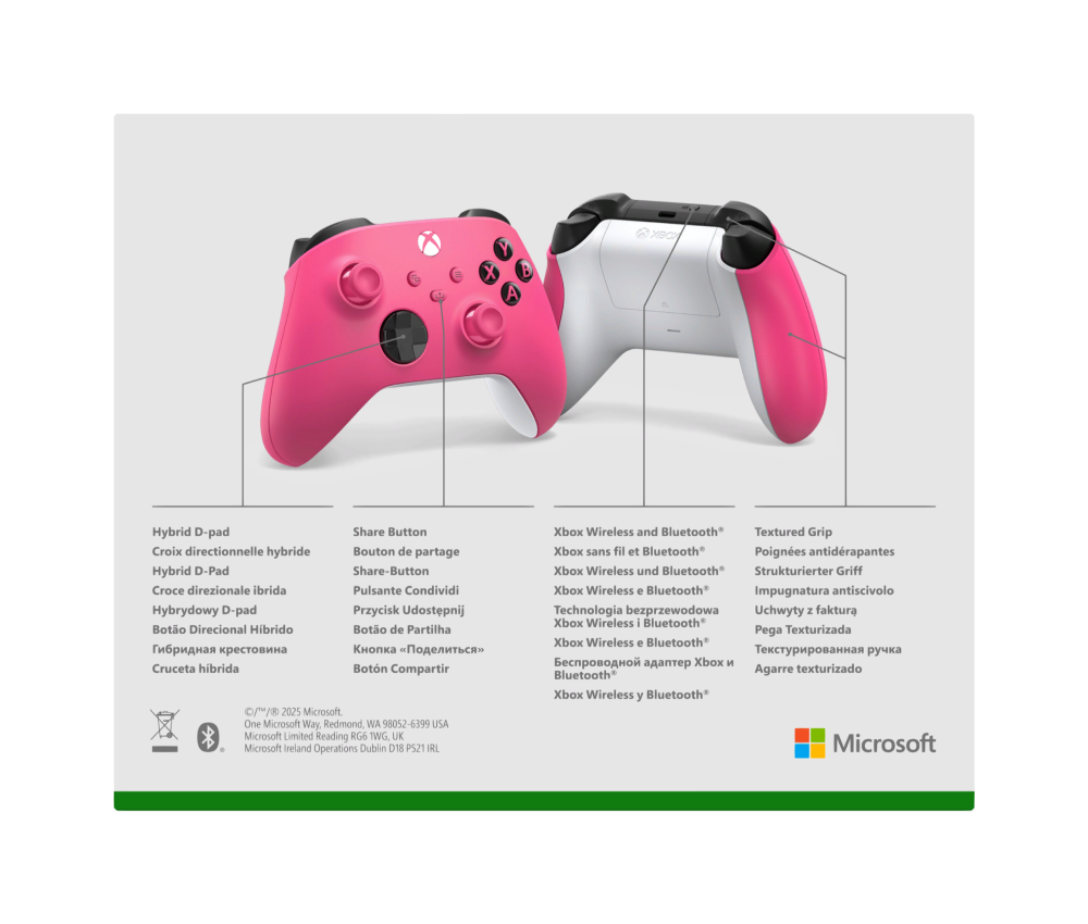 Dos mandos Xbox rosa y blanco con etiquetas para D-pad híbrido, Botón Compartir y Agarre.