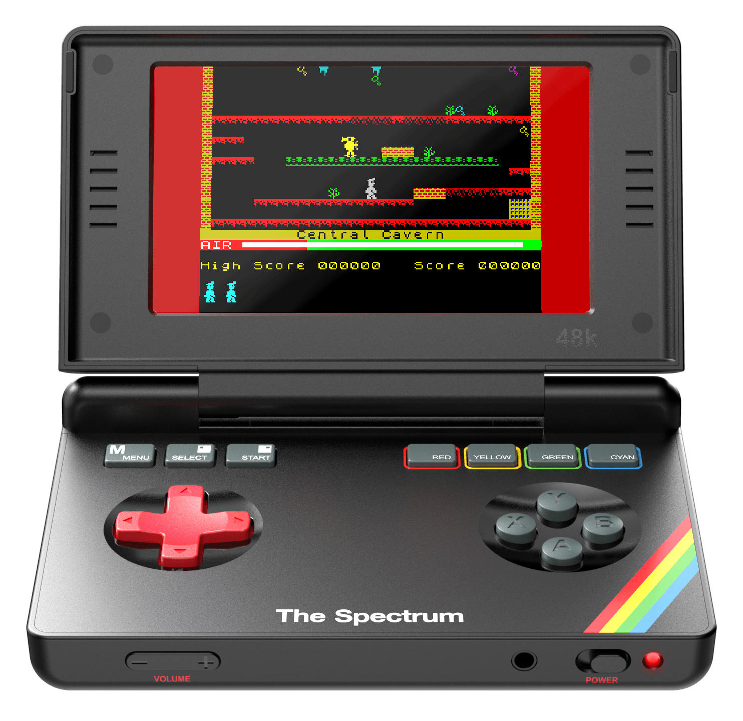 Eine schwarze Retro-Handheld-Konsole zeigt ein pixeliges Spiel mit Punktestand und Highscore.