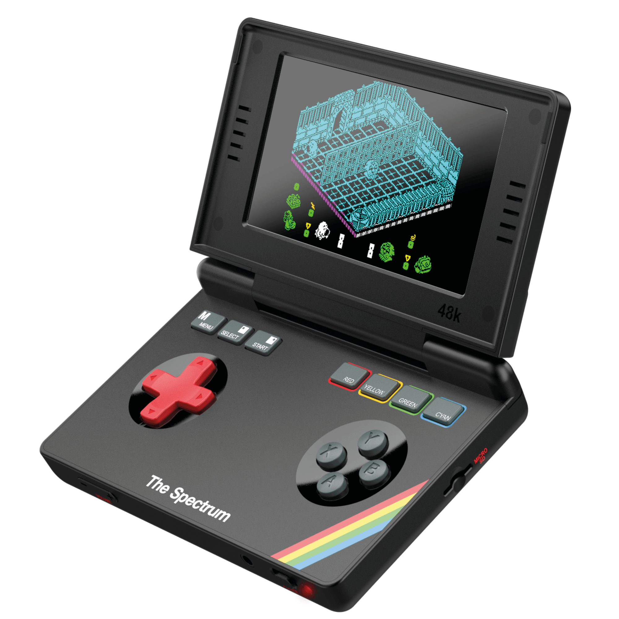 Ein schwarzes Handheld-Spielgerät mit einem Retro-Spiel auf dem Bildschirm.