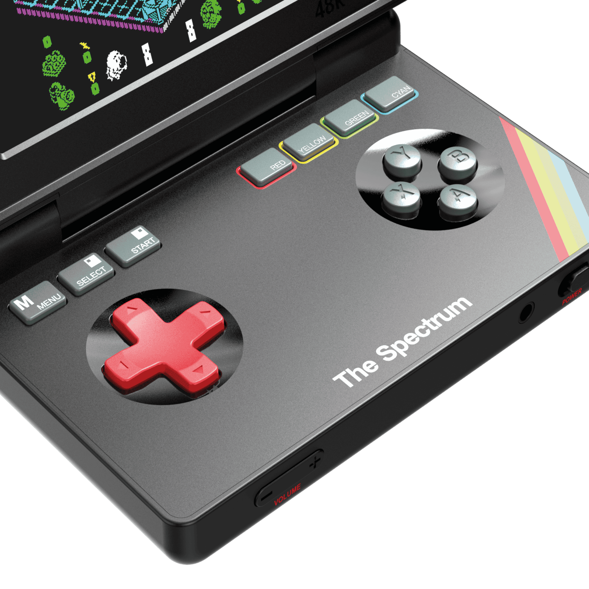 Ein schwarzes Handheld-Gerät mit Spielbildschirm und Bedienelementen.