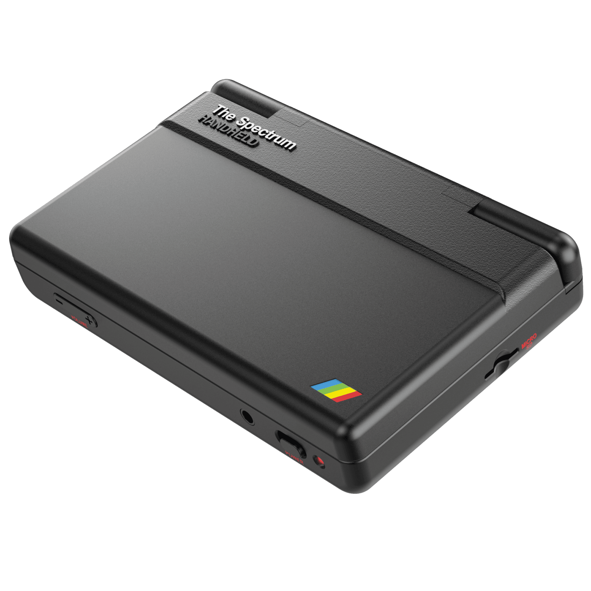 Ein schwarzes tragbares Gerät mit den Aufschriften "The Spectrum HANDHELD" und bunten Balken.