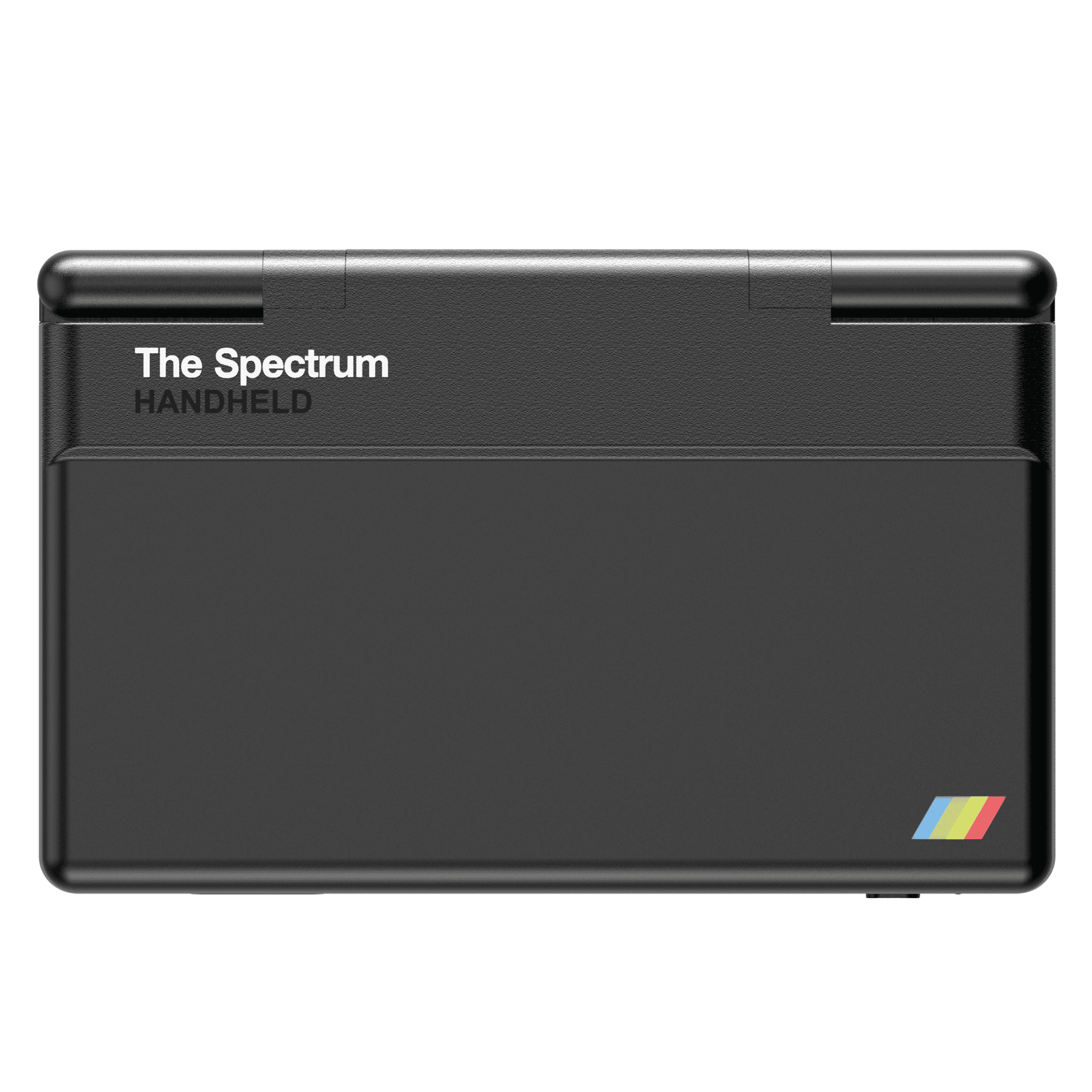 Ein schwarzes Handheld-Gerät mit dem Titel „The Spectrum HANDHELD“ und einem Streifenlogo.