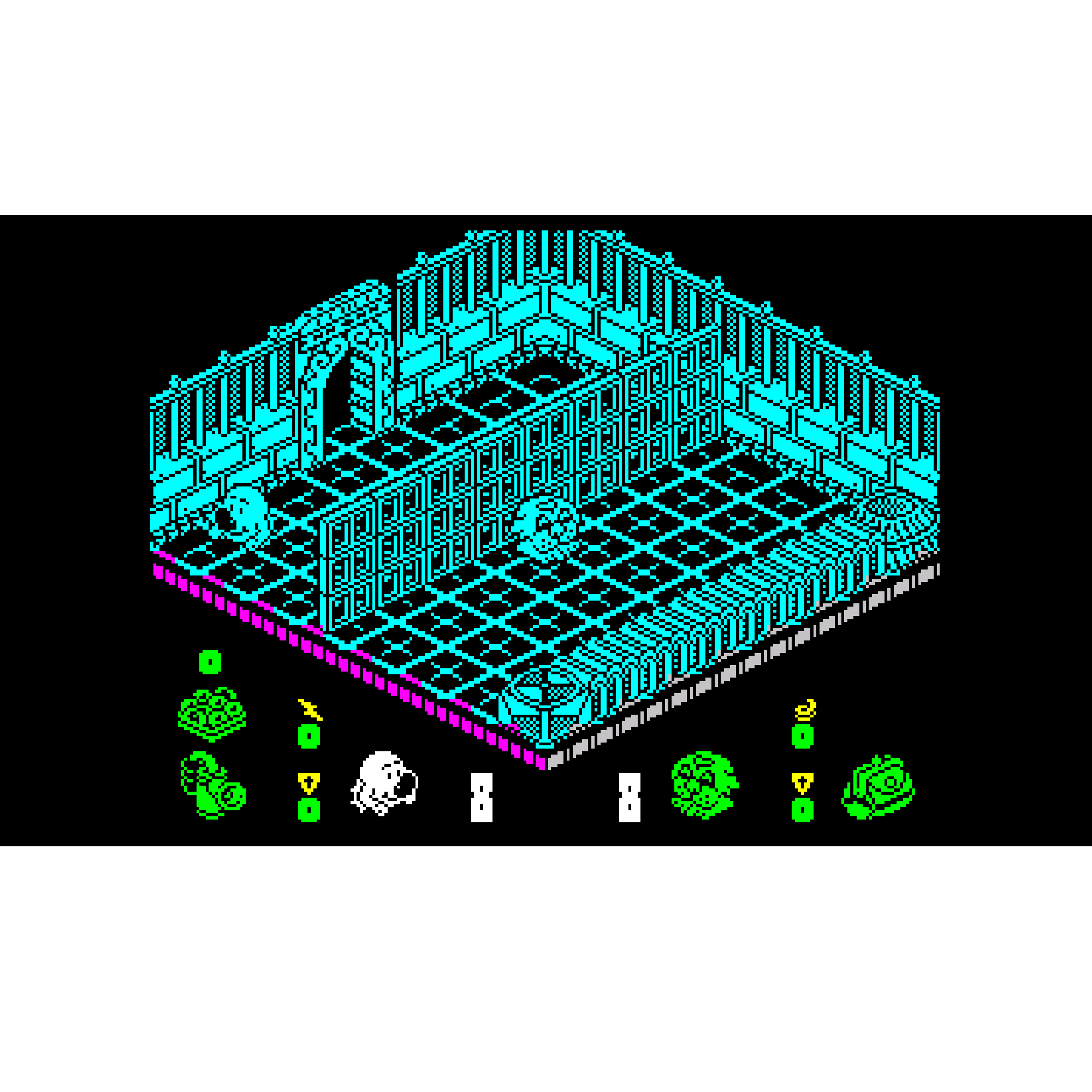 8-Bit-Computergrafik einer Gaming-Arena mit cyanfarbenen Strukturen und Objekten auf schwarzem Hintergrund.