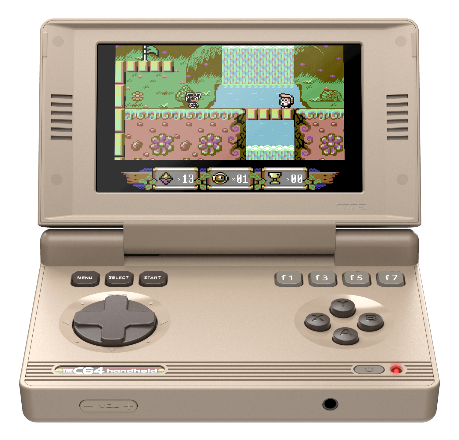 Beige Handheld-Konsole zeigt pixeliges Abenteuerspiel mit Charakteren und Gegenständen.