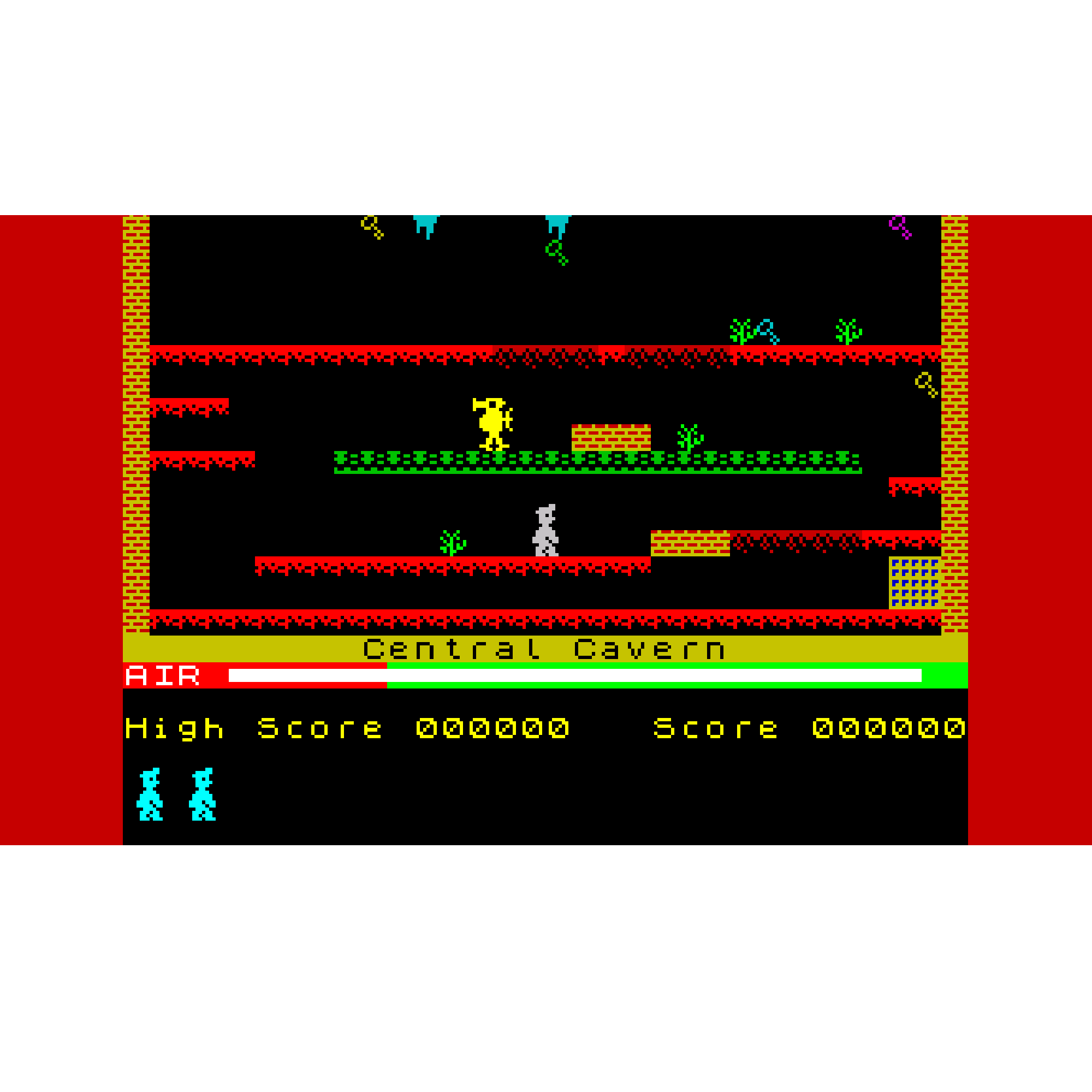 Retro-Spiel: Gelber und grauer Charakter auf Plattformen, rote und grüne Elemente.