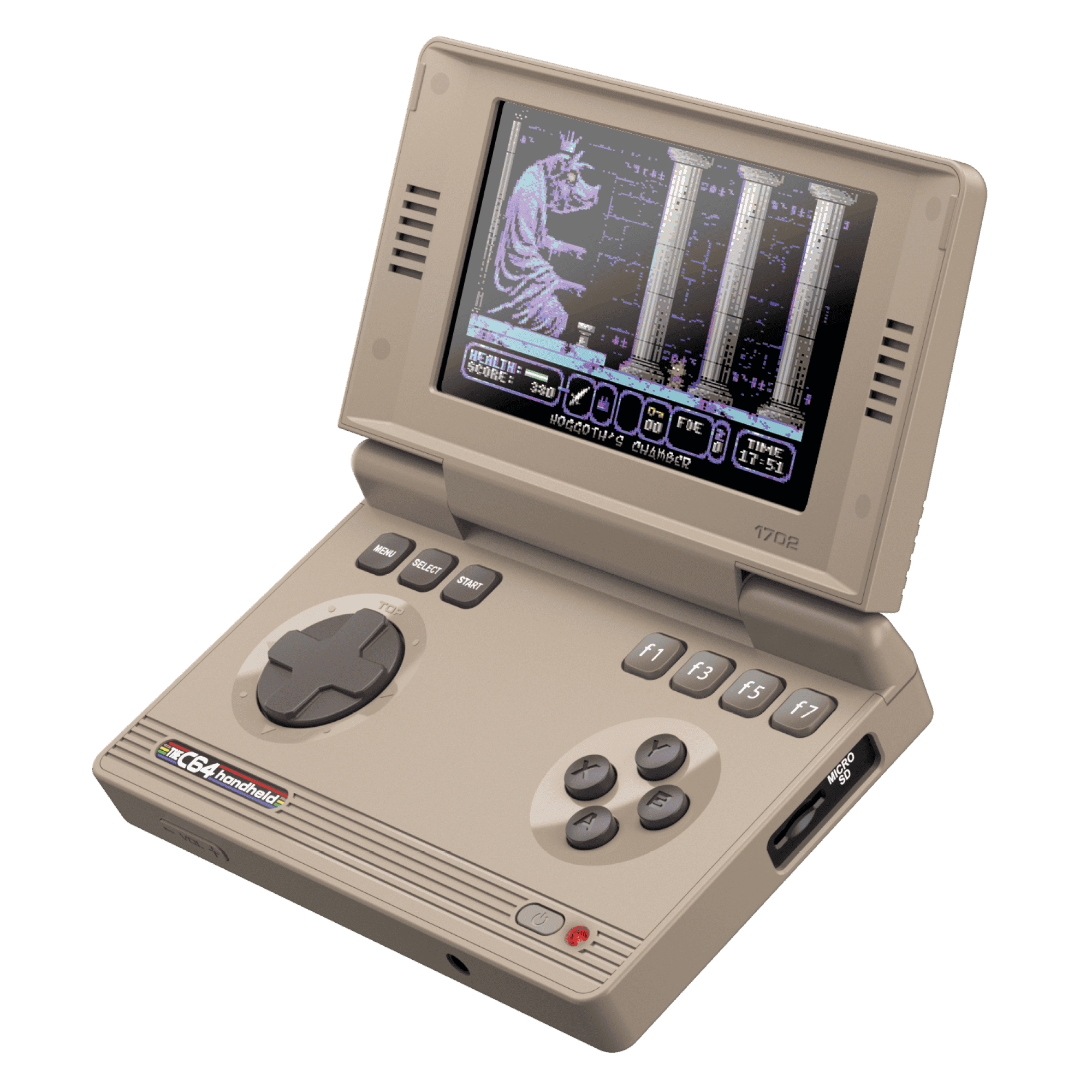 Ein beigefarbener Handheld-Computer mit Spiel auf dem Bildschirm. Steuerelemente sind unten.