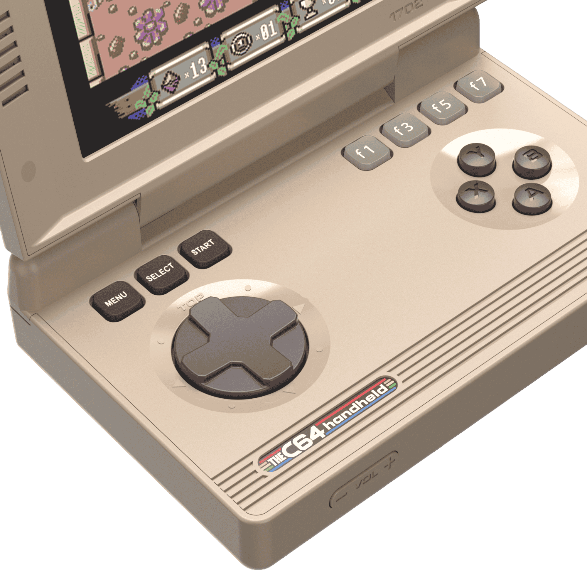 Ein beige C64 Handheld mit einem Spielbildschirm, Steuerkreuz und Knöpfen.