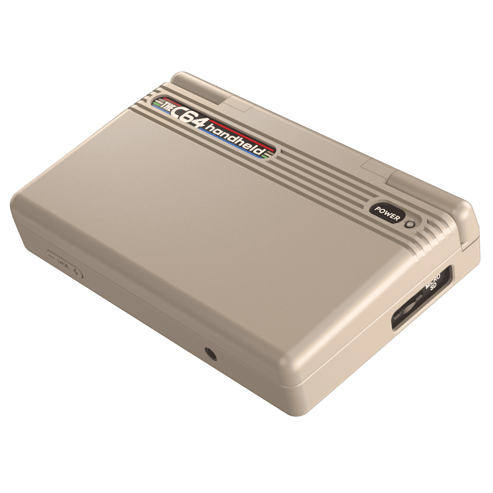 Ein beigefarbenes Handheld-Gerät mit "THE C64 handheld" Logo.