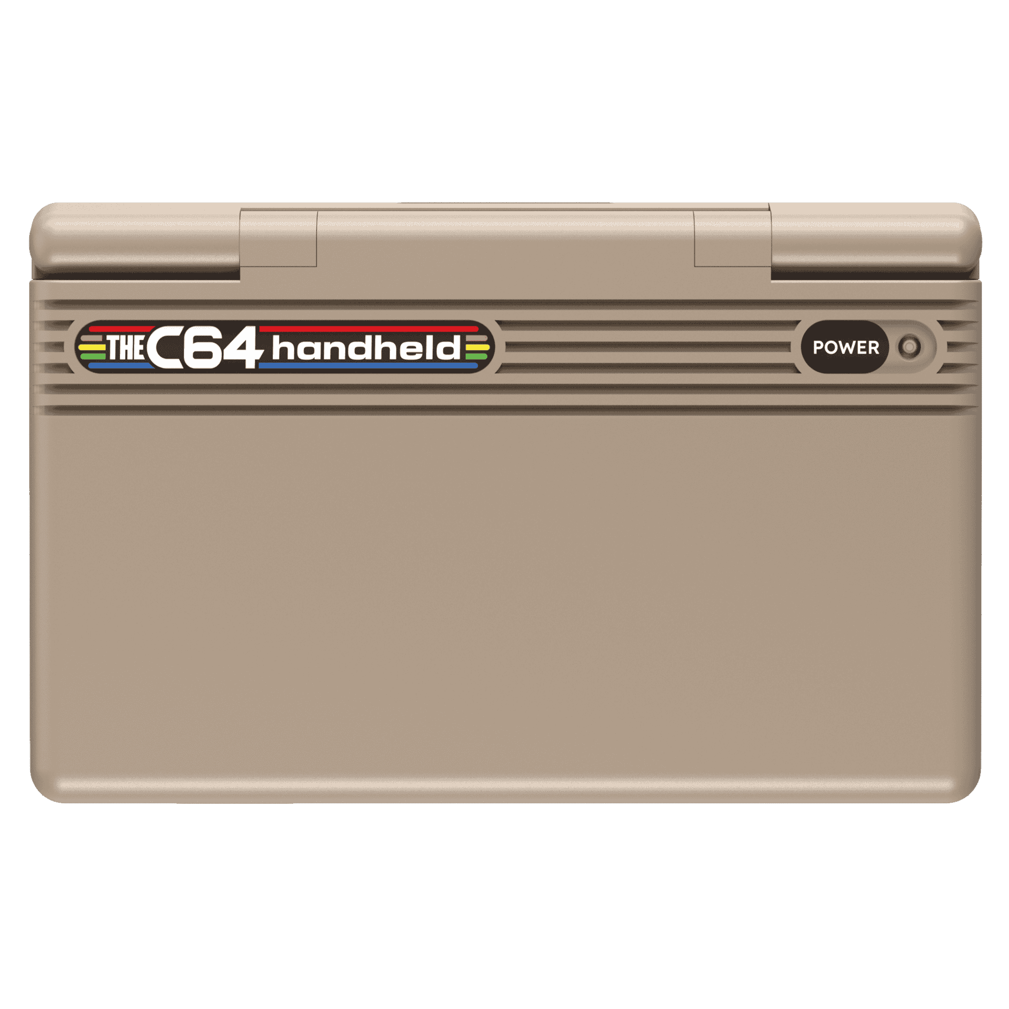 Ein beiges Handheld-Gerät mit dem Logo "The C64 handheld" und einer "Power"-Taste.