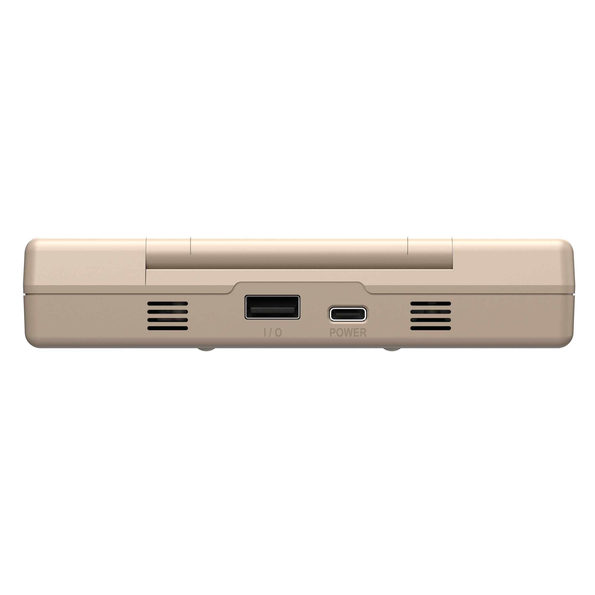 Ein beigefarbener Computer mit USB- und Stromanschlüssen.