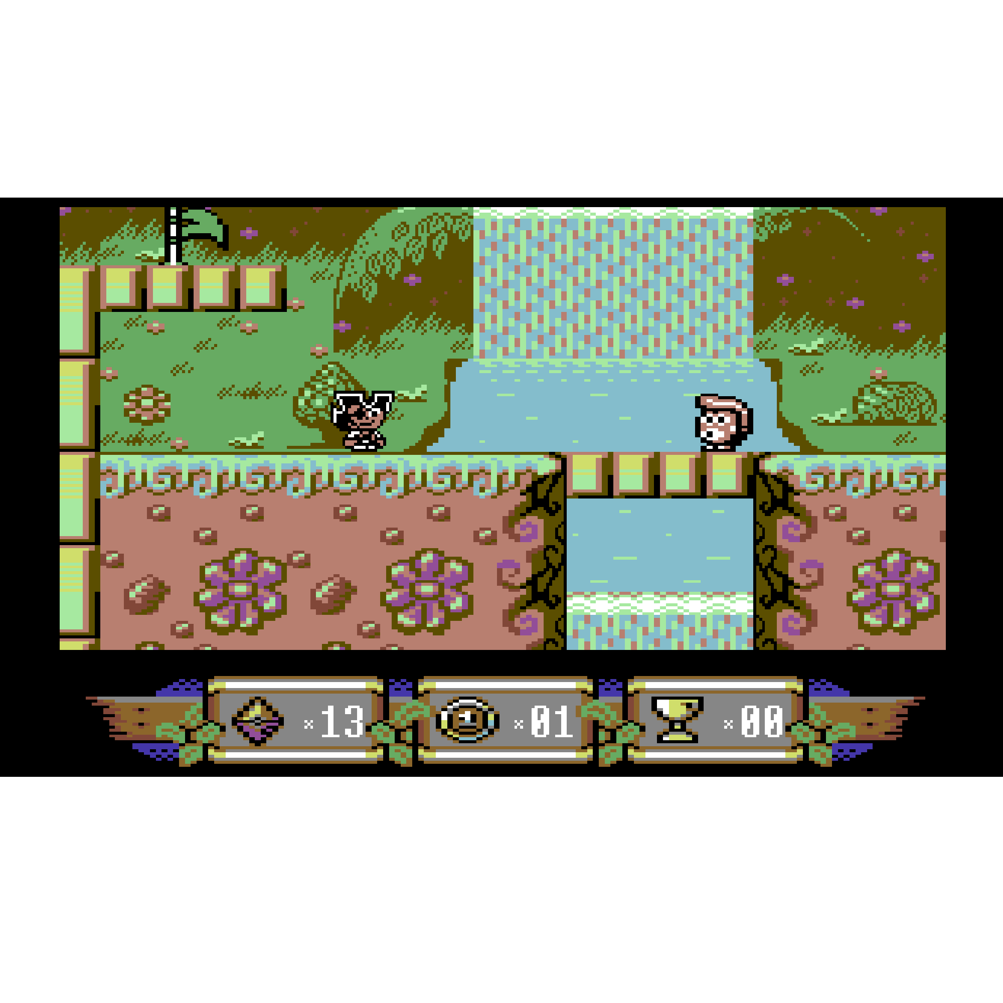 Pixelgrafik eines Videospiels mit zwei Charakteren, Wasserfall und Benutzeroberfläche.