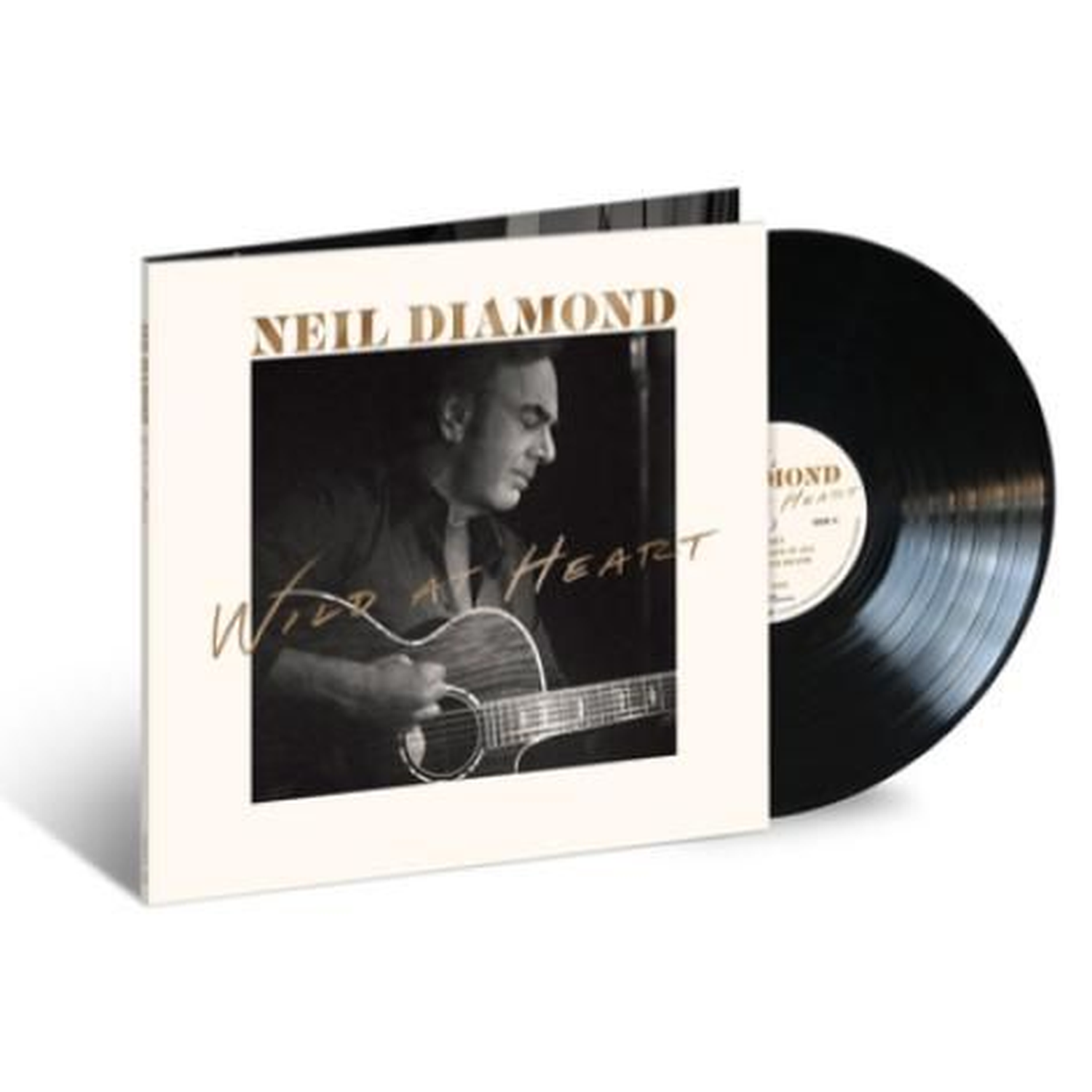 Neil Diamond met gitaar op vinyl albumhoes. Zwarte plaat ernaast.