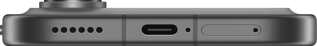 Gri akıllı telefonun alt kenarının yakın çekimi, USB-C bağlantı noktası, hoparlör delikleri ve SIM tepsisi.