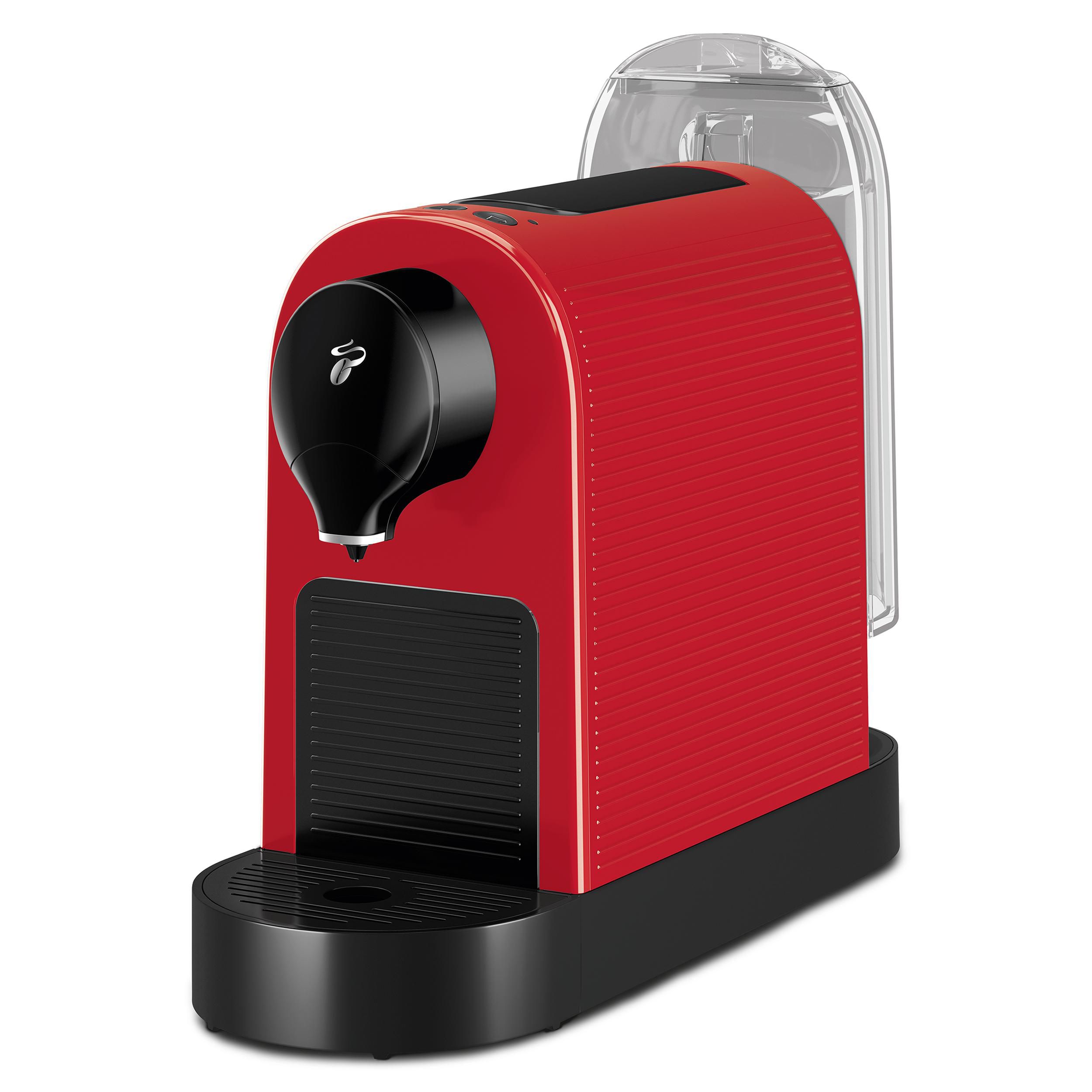Eine rote Kaffeemaschine mit schwarzem Sockel und Wassertank.