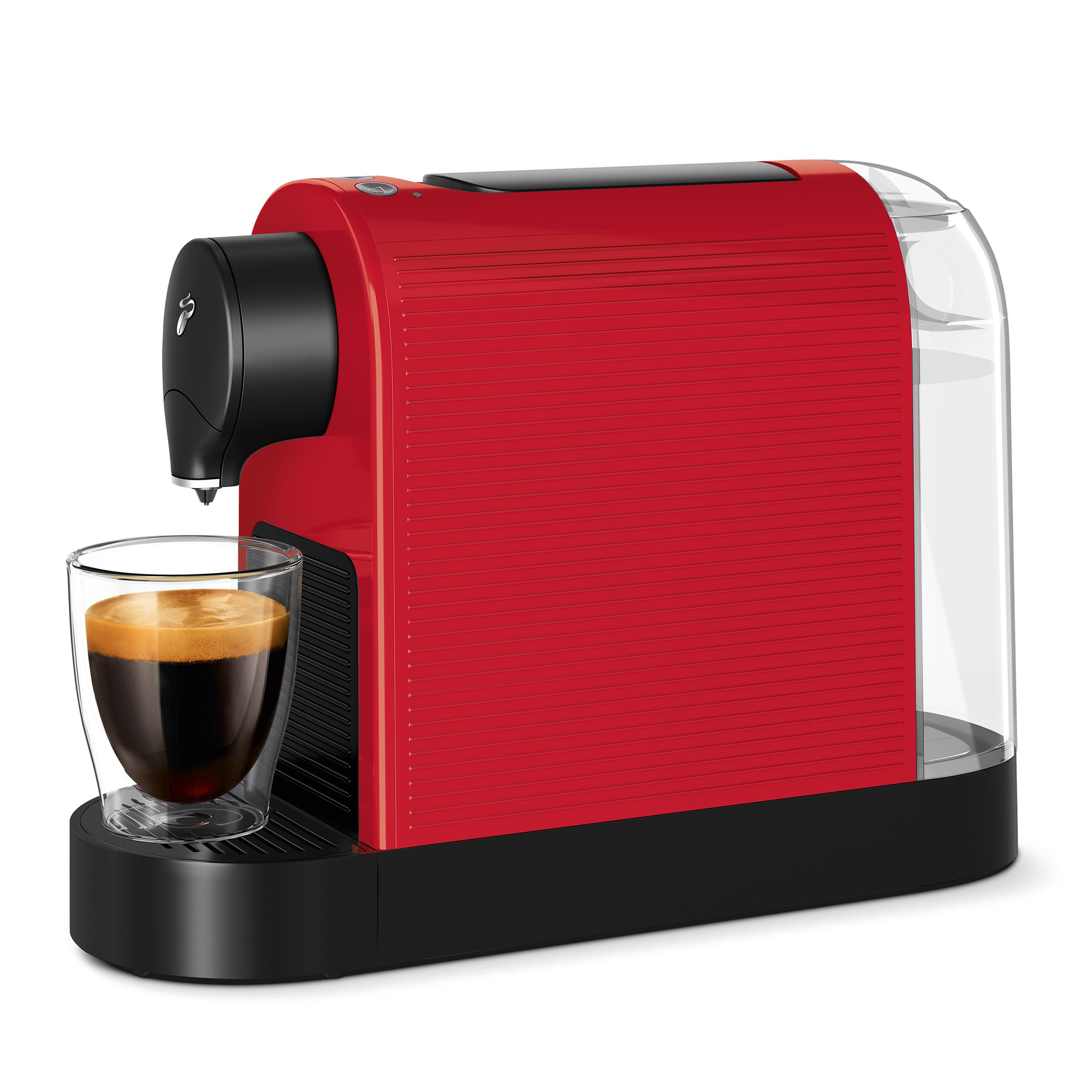 Rote Kaffeemaschine mit einem Glas Espresso, weißer Hintergrund.