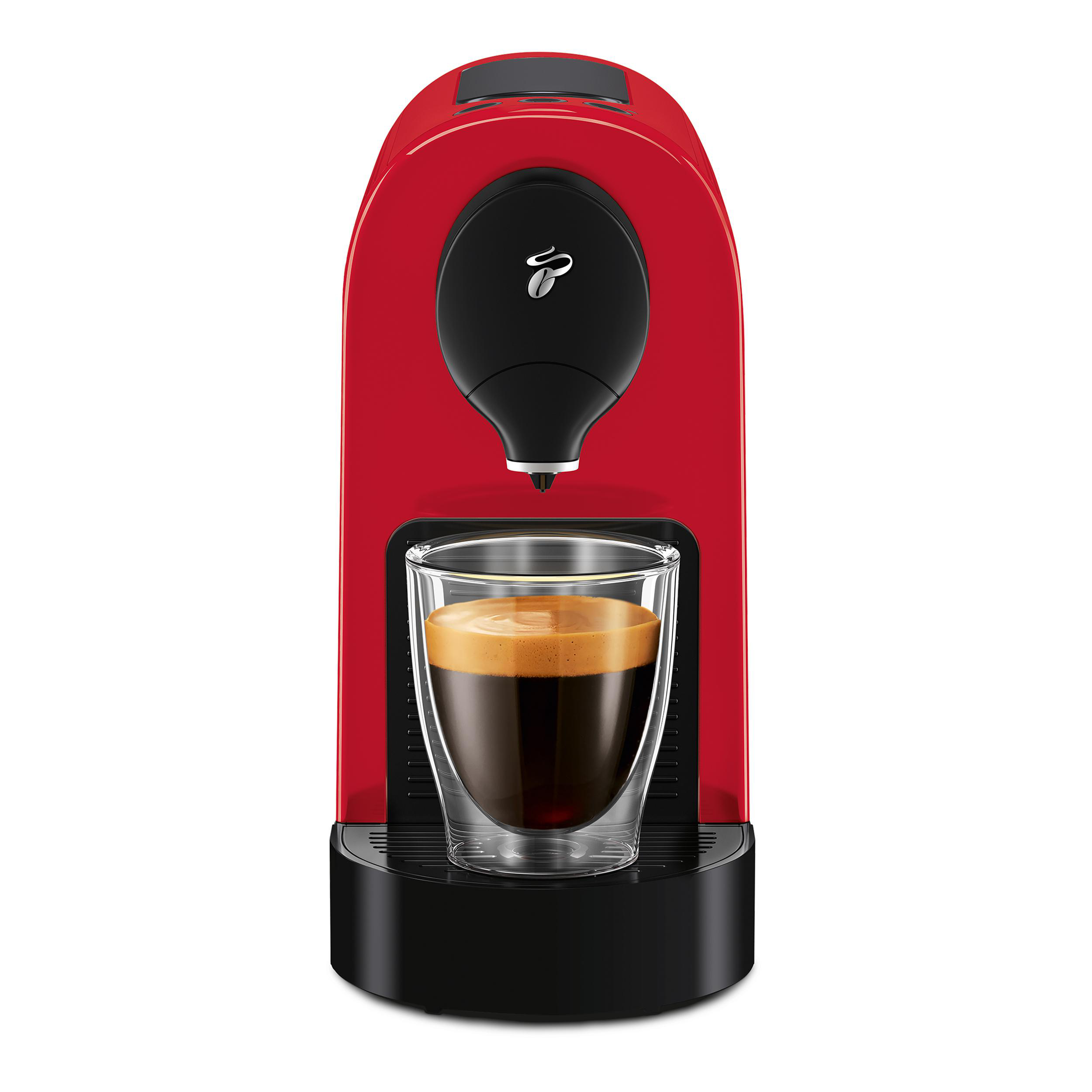 Eine rote Kaffeemaschine mit einem doppelwandigen Glas, gefüllt mit Espresso und Crema.