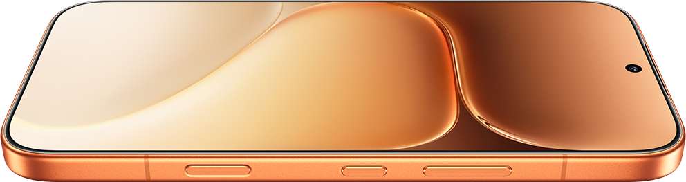 Düz, altın rengi arka plana ve ön kameraya sahip turuncu bir akıllı telefon.