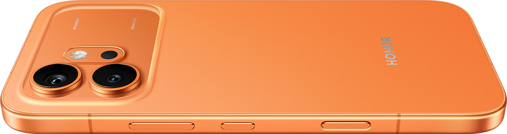 Üç kameralı turuncu akıllı telefon ve HONOR logosu.