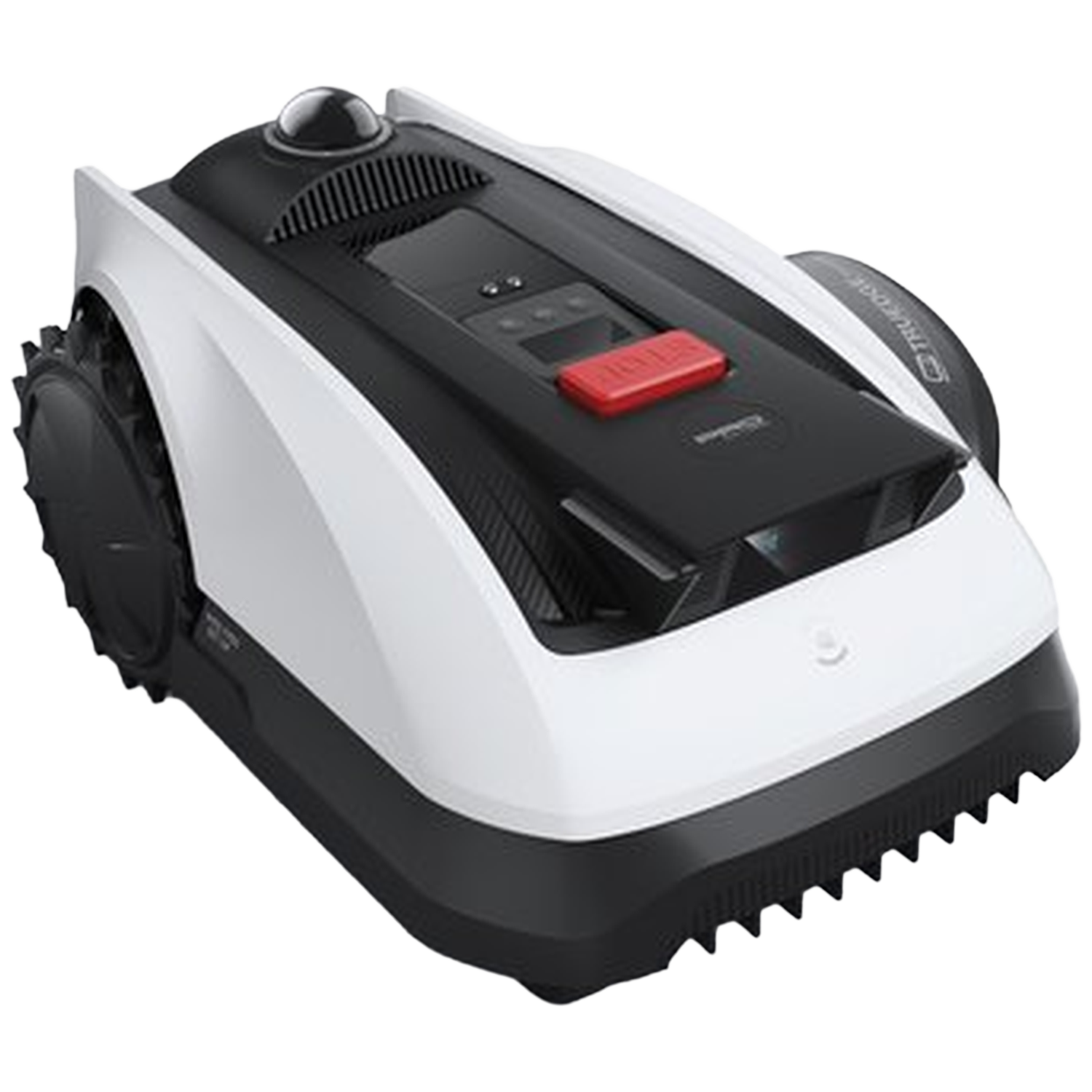 Een witte en zwarte robotmaaier met grote wielen en een rode knop.