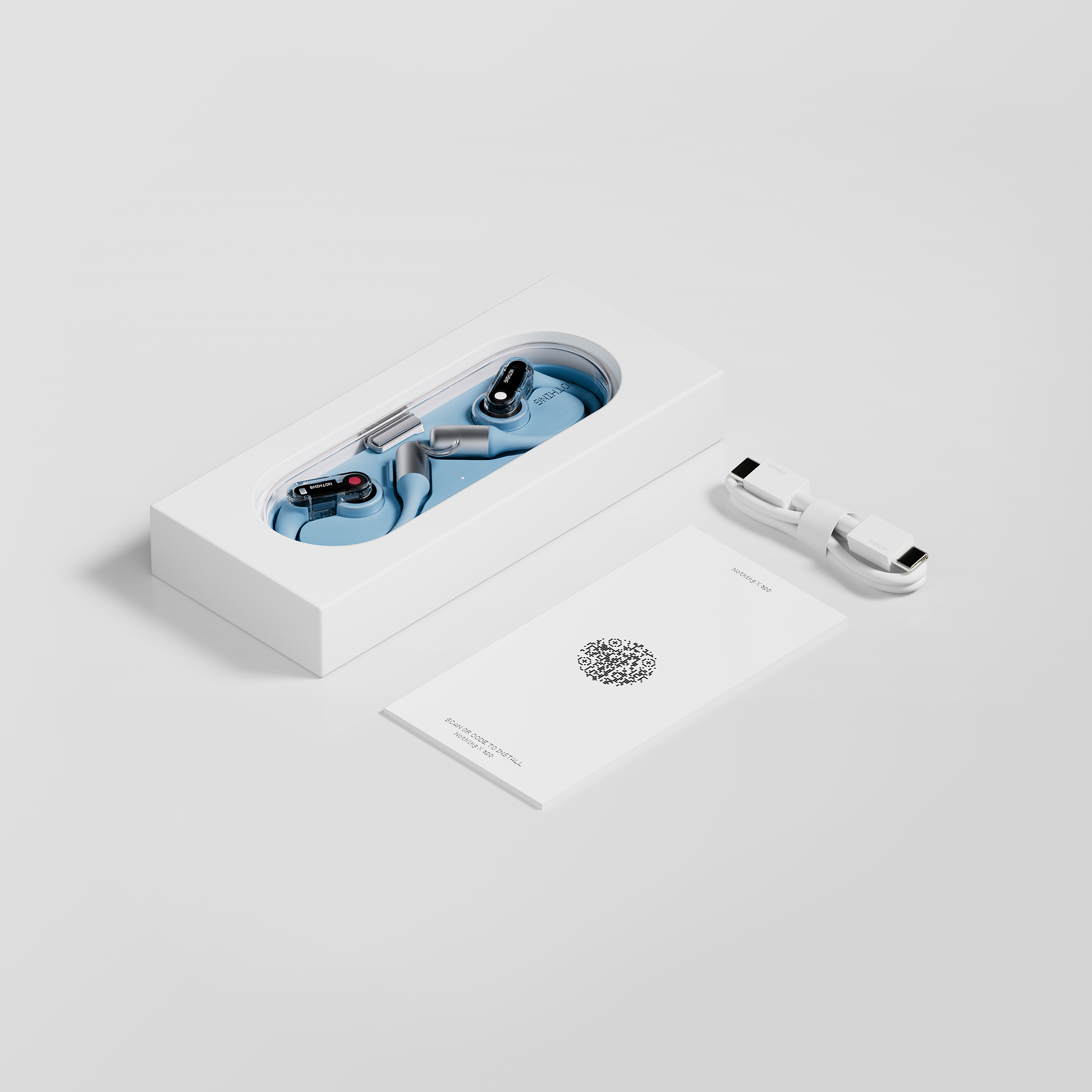 Hellblaue Ohrhörer mit Ladecase, Ladekabel und Anleitung auf weißem Grund.