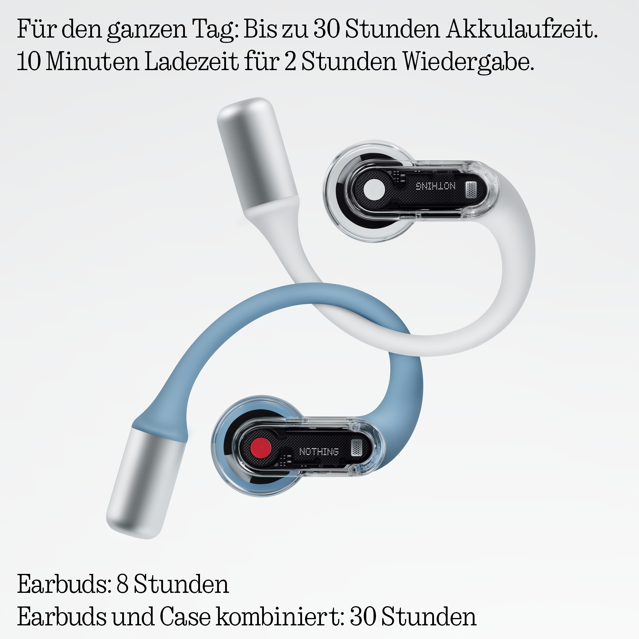 Zwei weiße und blaue Ohrhörer mit Ladecase, die miteinander verbunden sind.