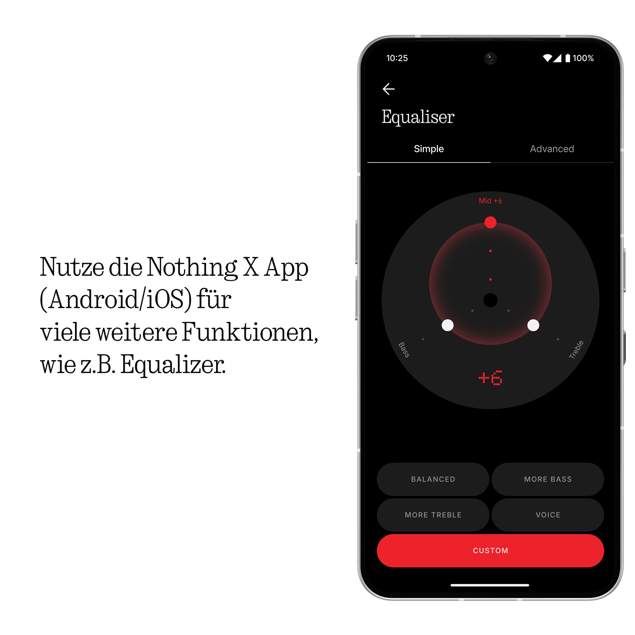 Smartphone-Bildschirm mit Equalizer-Einstellungen der Nothing X App.