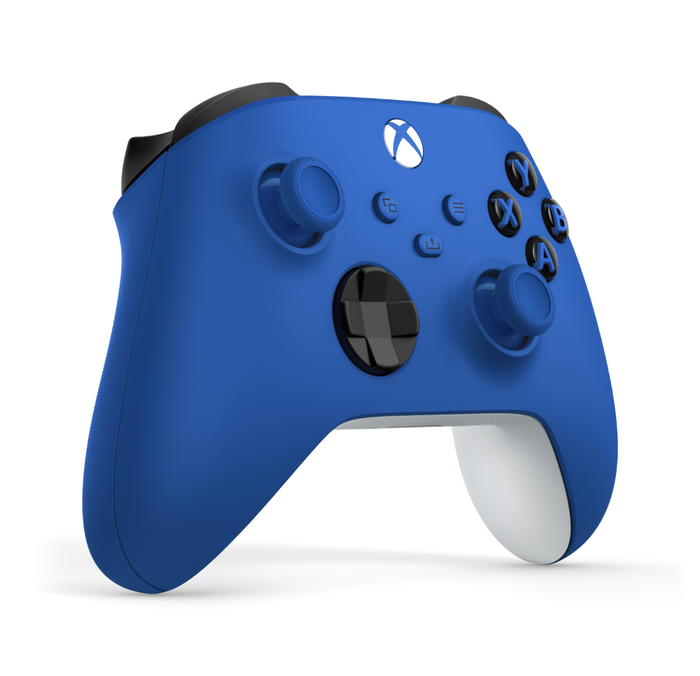 Un controlador azul de Xbox con detalles blancos y negros sobre fondo negro.