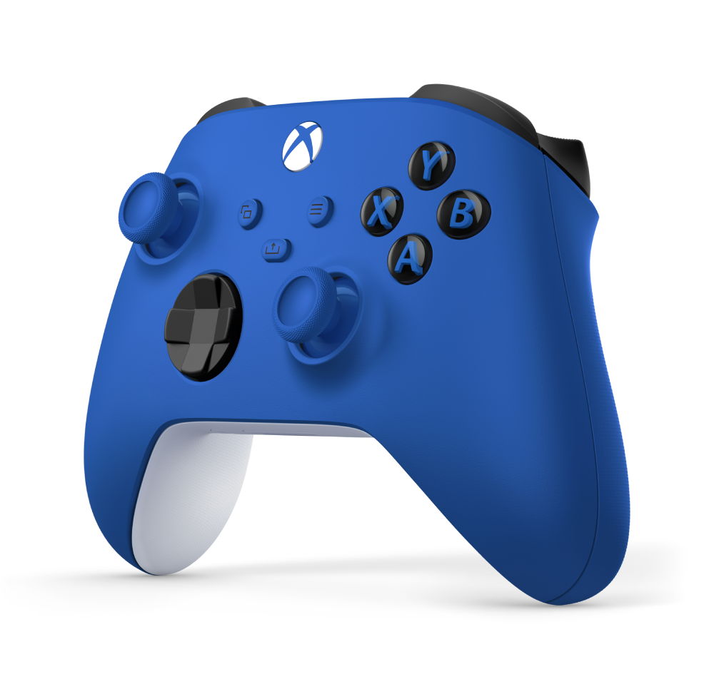 Mando Xbox Microsoft Shock Blue en vista angular, diseño ergonómico con joysticks, botones ABXY y conexión Bluetooth para Series X|S y PC
