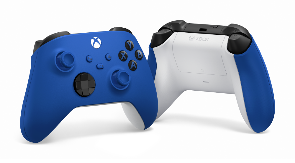 Mando Xbox Microsoft Shock Blue mostrando parte frontal y trasera con agarre texturizado y botones, compatible Series X|S, Xbox One y PC