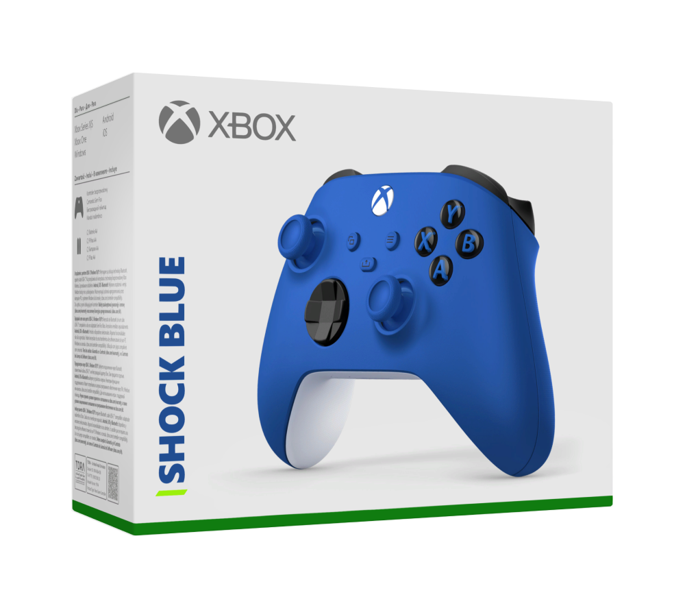 Una caja azul de mando de Xbox con un mando dentro.