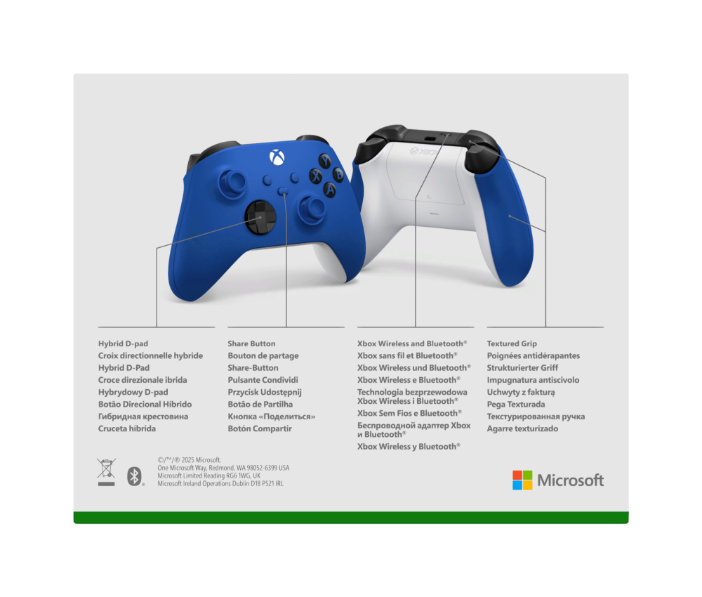 Mando inalámbrico Xbox Microsoft Shock Blue con Bluetooth, vista frontal, botones ABXY, cruceta y joysticks, compatible Series X|S y PC